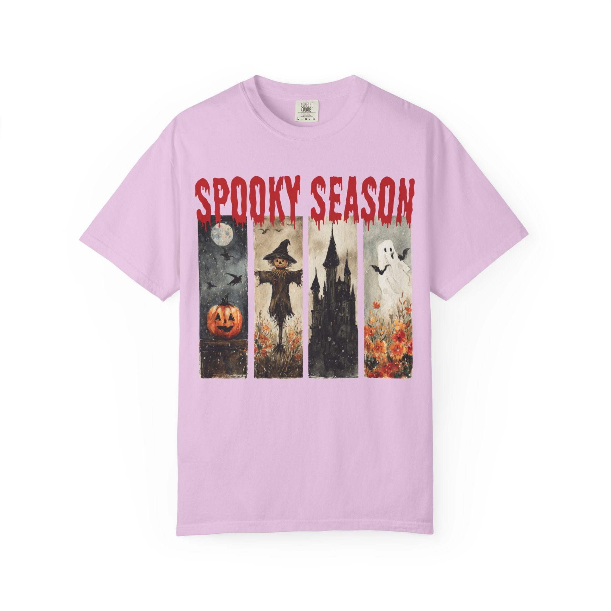 Spooky Season Halloween T-shirt with vintage pumpkin, scarecrow and ghost graphic — product mockup