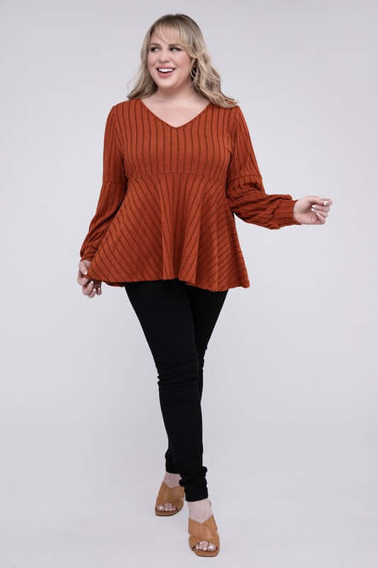 Plus Size Brown Red V Neck Tee With Ruffled Hem, Nuvi Apparel, $ 38.95