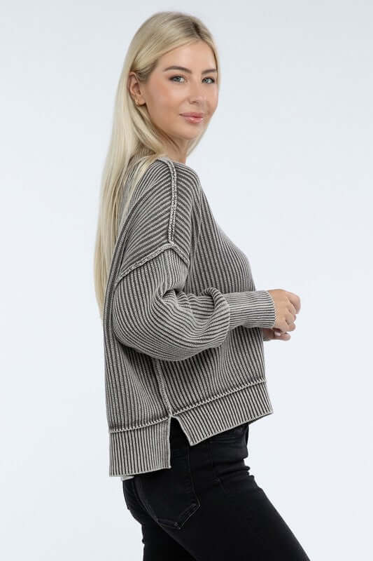 Washed Side Slit Oversized Cropped Sweater, ZENANA, $ 55.00