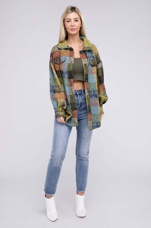 Women's Loose Fit Buttoned Down Check Shirt Jacket Plaid Shacket, BiBi, $ 55.00