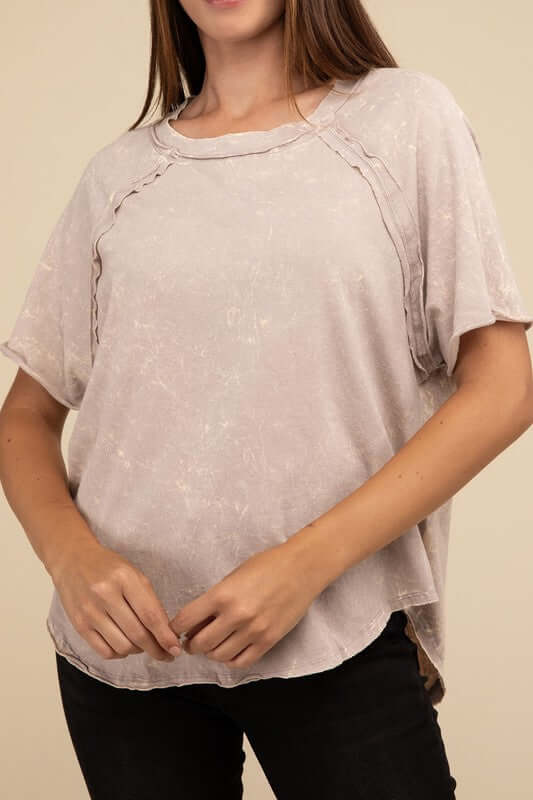 Back Patch Crinkle Washed Raglan Sleeve T-Shirt, ZENANA, $ 27.95