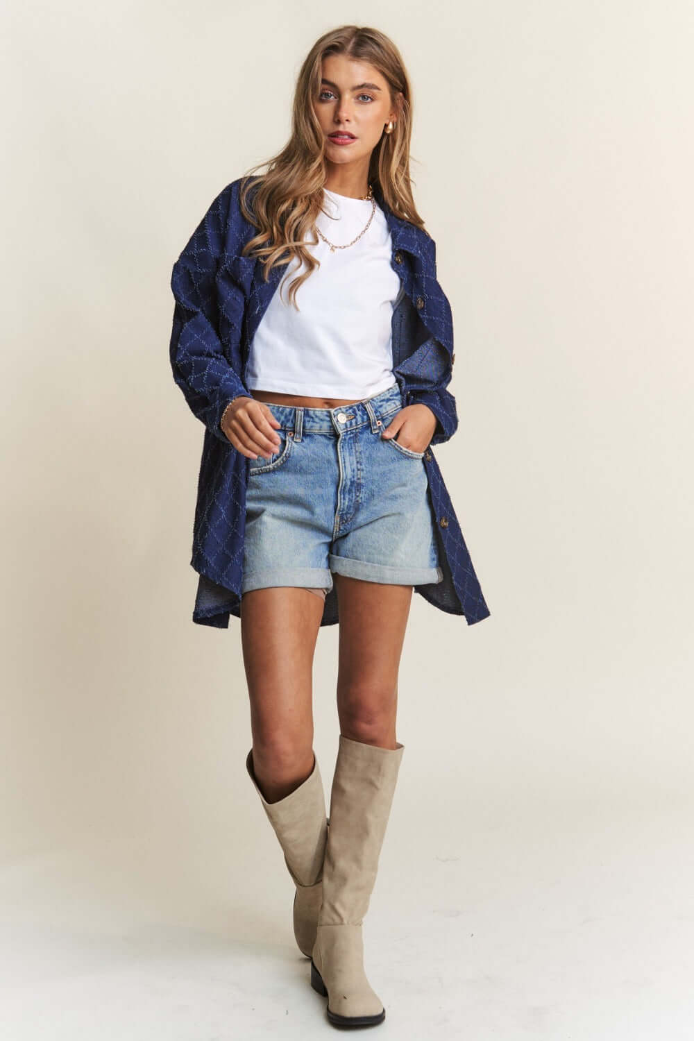 Dark Blue Rhombus Stitched Button Up Denim Shacket - Style Up, Shackets, $ 59.00, A Moment Of Now™