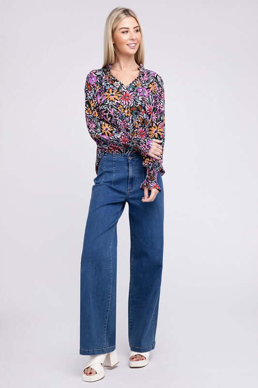 Purple Floral Print Tie V Neck Blouse, Nuvi Apparel, $ 38.95