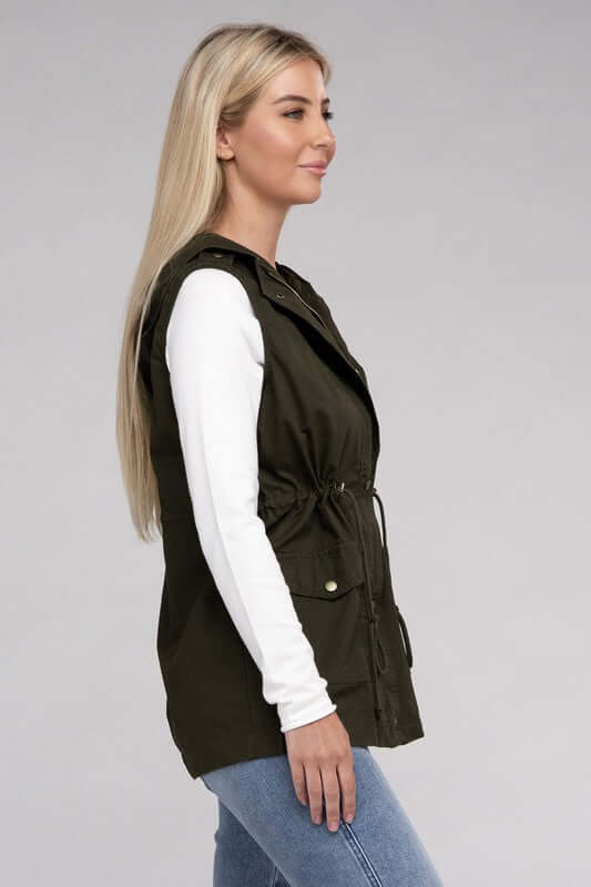 Drawstring Waist Military Hoodie Vest Jacket