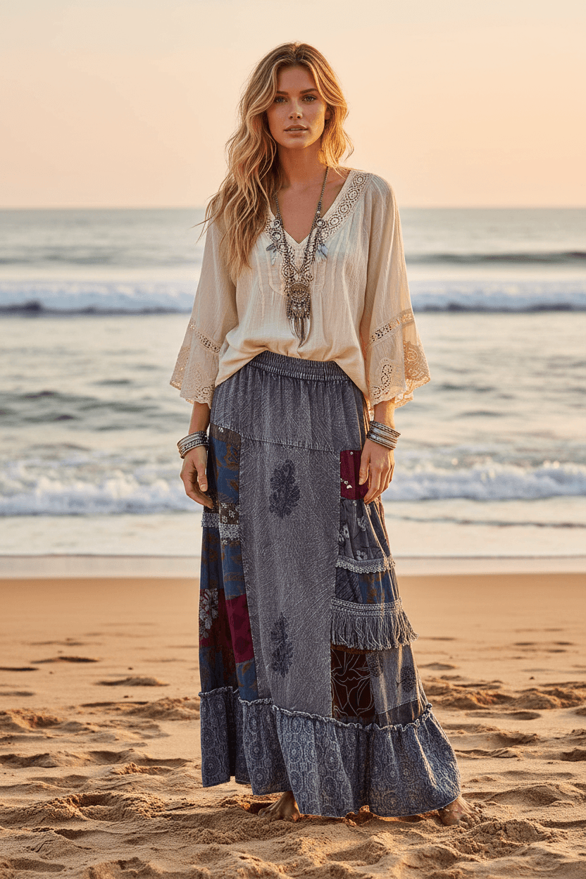 POL Charcoal Printed Patchwork Embroidered Ruffled Maxi Skirt, Skirts, $ 69.00, A Moment Of Now™