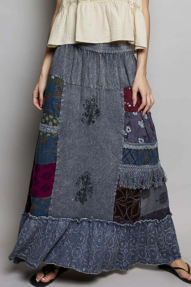 POL Charcoal Printed Patchwork Embroidered Ruffled Maxi Skirt, Skirts, $ 69.00, A Moment Of Now™