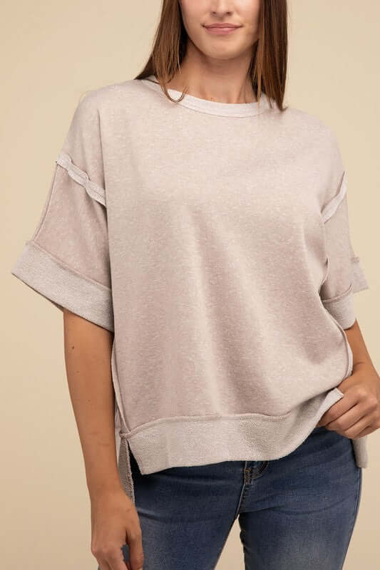 Contrast Trim Top Stitching Drop Shoulder Top, ZENANA, $ 35.95