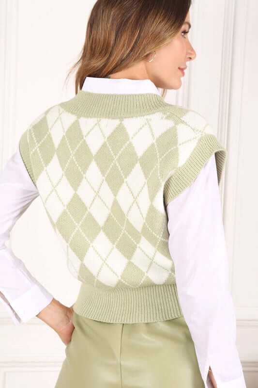 Green Knitted Argyle Sweater Vest