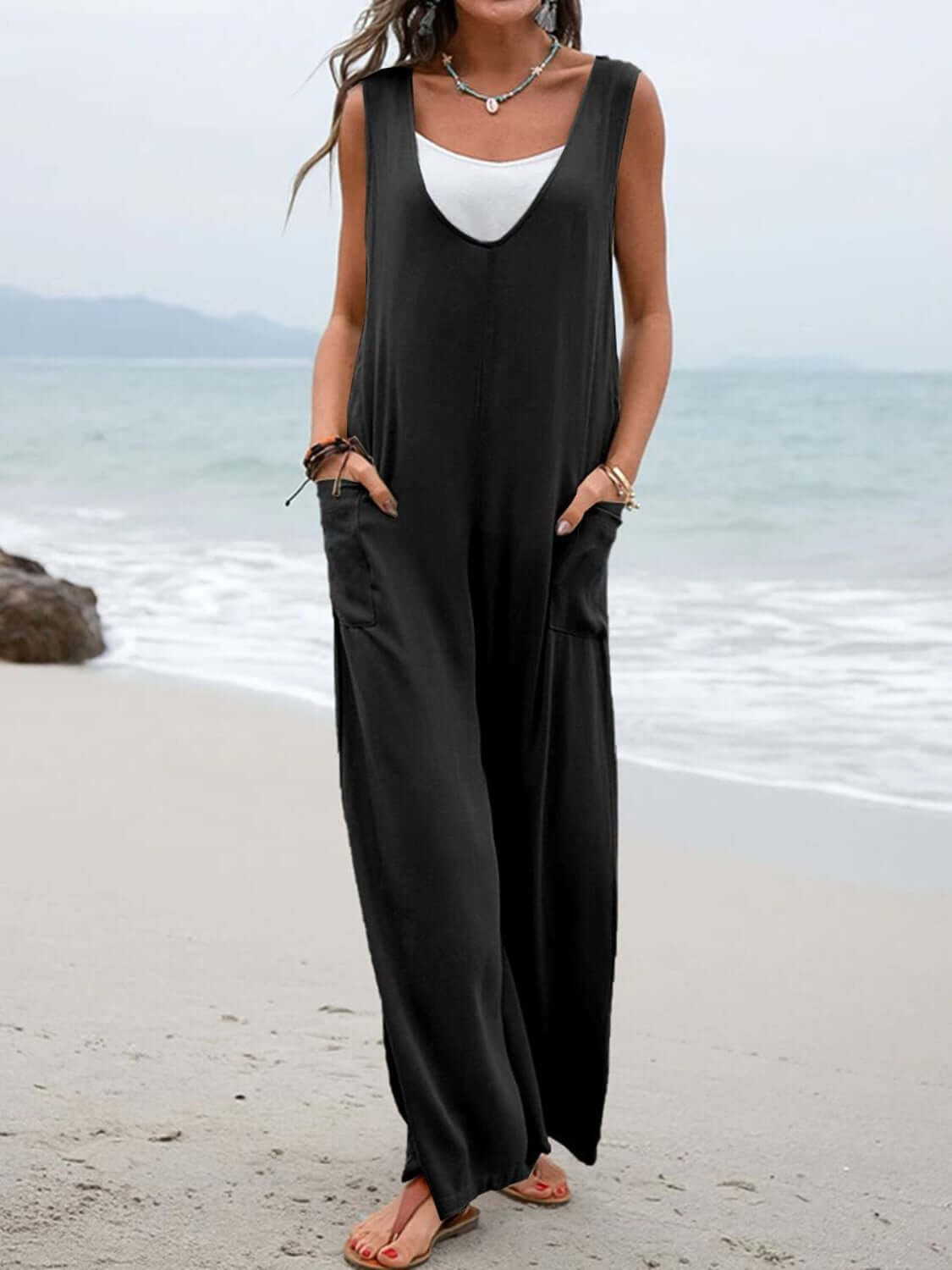 Wide Strap Jumpsuit with Pockets