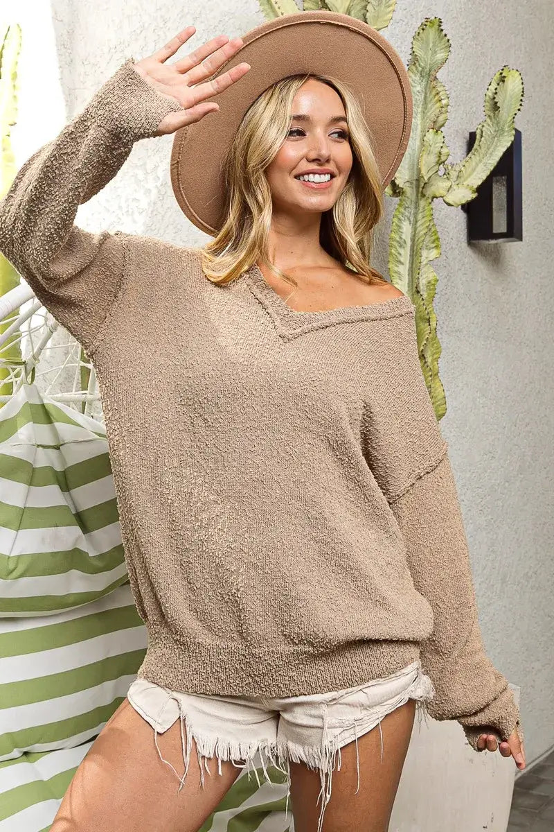 Latte Raw Edged Popcorn Texture V-neck Sweater, Sweaters, $ 49.00, A Moment Of Now™