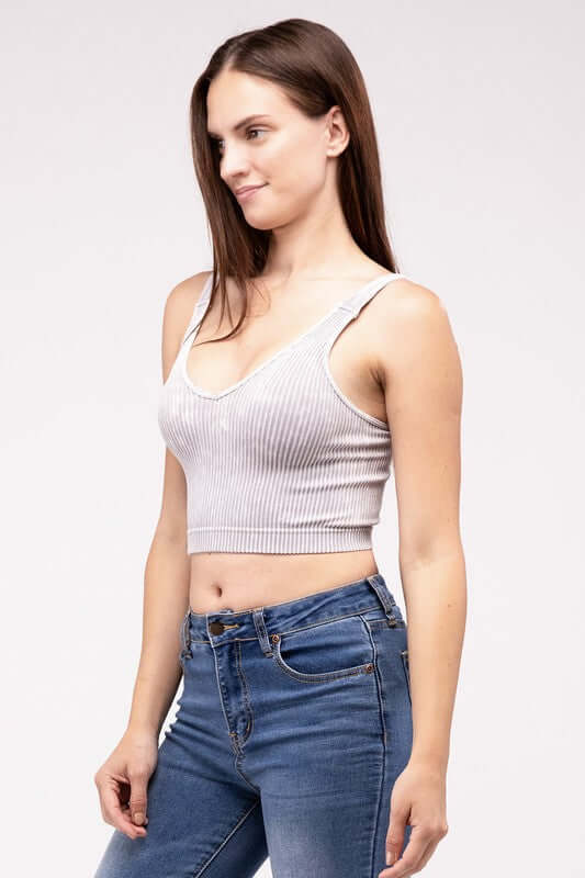 Washed Ribbed Cropped V-Neck Tank Top, ZENANA, $ 25.95