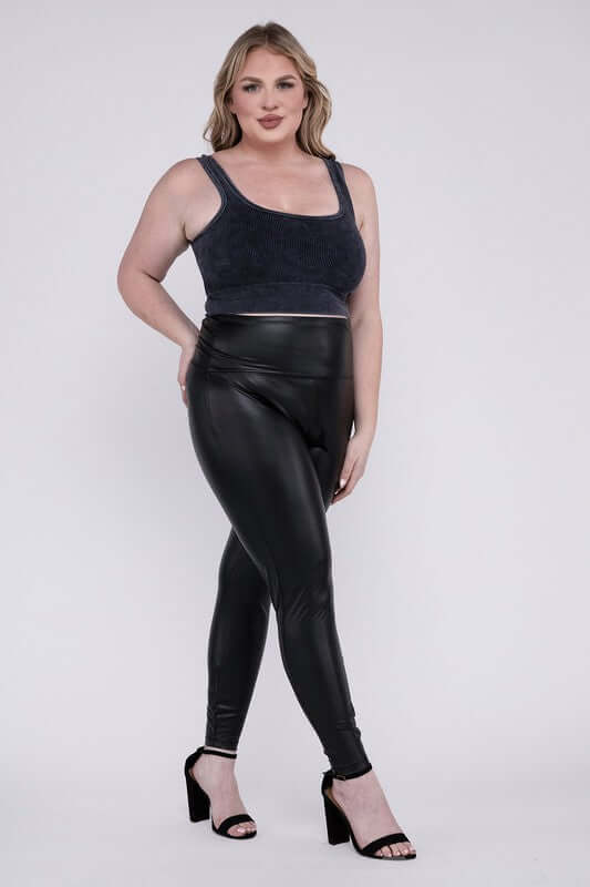 Women's Black Plus Size High Rise Faux Leather Leggings Pants, ZENANA, $ 41.95