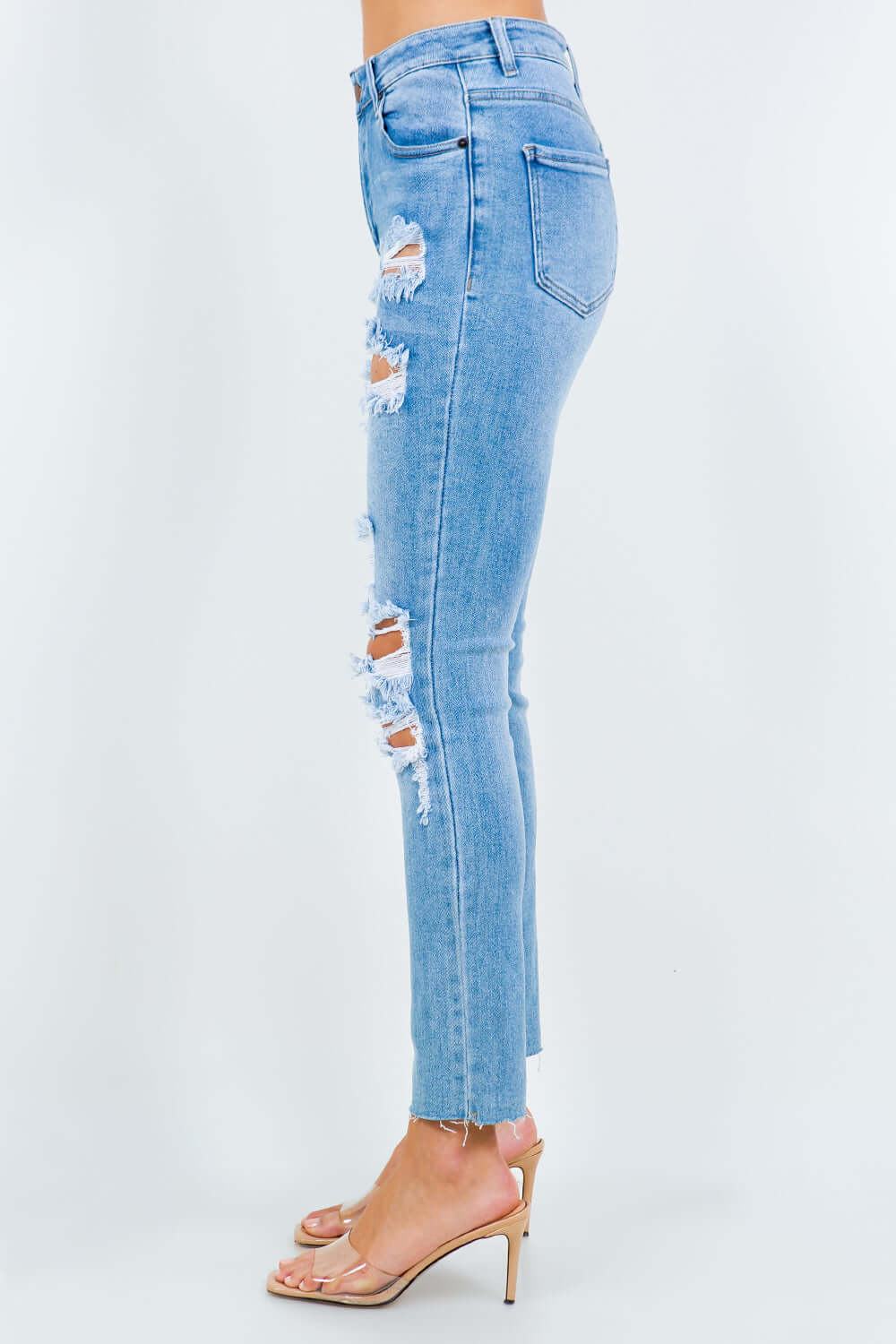 Blue High Waist Slightly Stretchy Destroyed Jeans, American Bazi, $ 36.00