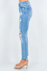 Blue High Waist Slightly Stretchy Destroyed Jeans, American Bazi, $ 36.00