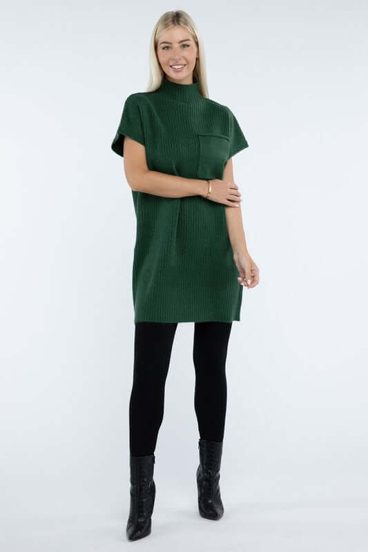 Women's Mock Neck Short Sleeve Mini Sweater Dress with Pocket, ZENANA, $ 55.00