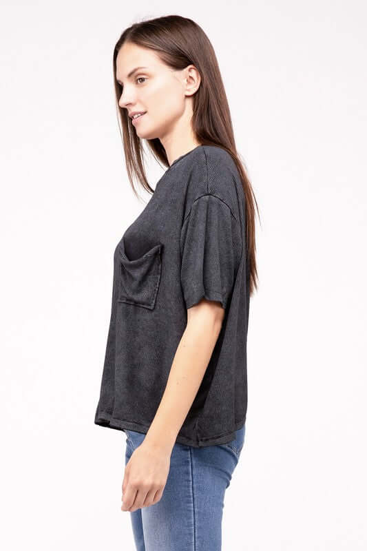 Washed Ribbed Cuffed Short Sleeve Round Neck Top, ZENANA, $ 32.95