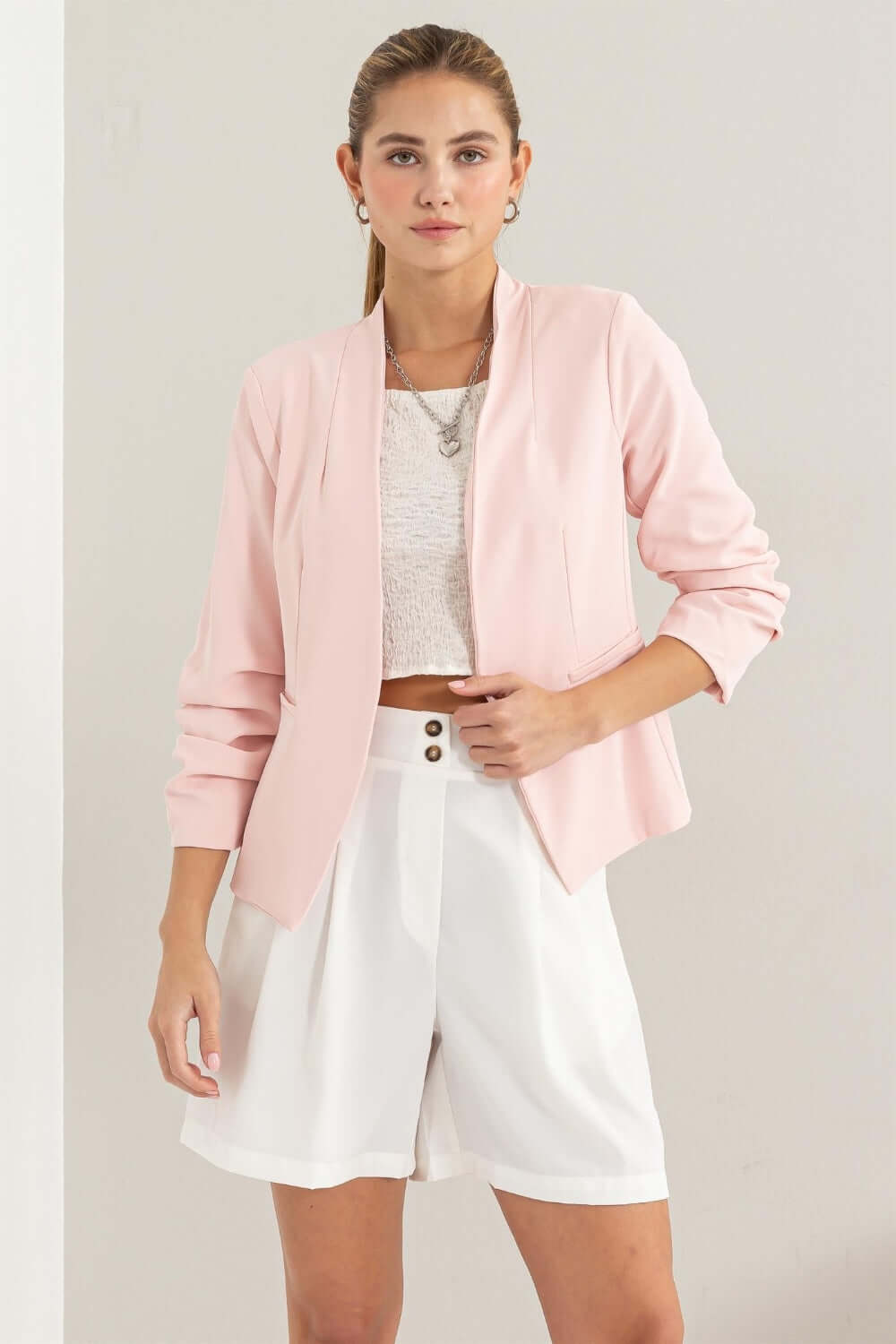 Blush Pink Open Front Ruched Sleeve Blazer, HYFVE, A Moment Of Now