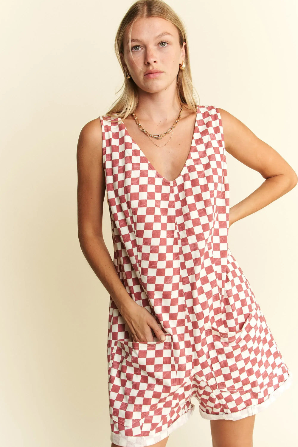 Stylish White Red Plus Size Sleeveless Plaid Romper, Rompers, $ 50.00, A Moment Of Now™