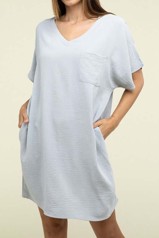 Causal Woven Airflow V Neck T-Shirt Dress with Pockets, ZENANA, A Moment Of Now