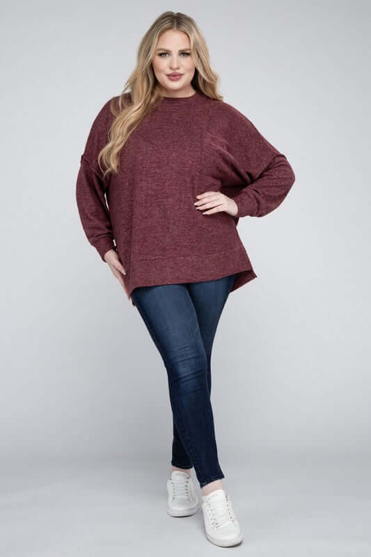 Plus Size Brushed Melange Drop Shoulder Sweater, ZENANA, $ 28.95