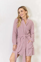 Mauve Tie Front Long Sleeve Robe