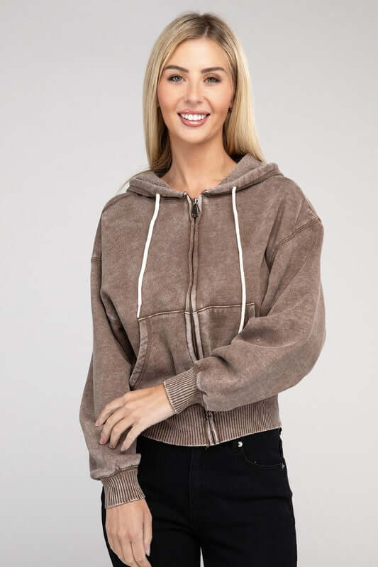 Acid Wash Fleece Cropped Zip-Up Hoodie, ZENANA, $ 49.95