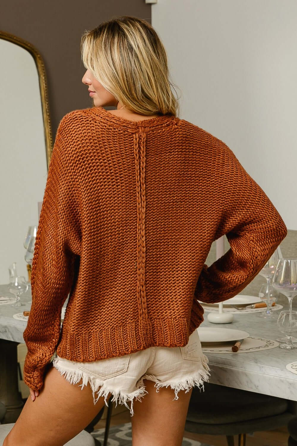 Cinnamon Brown V-Neck Cable Knit Sweater, Sweaters, $ 50.00, A Moment Of Now™