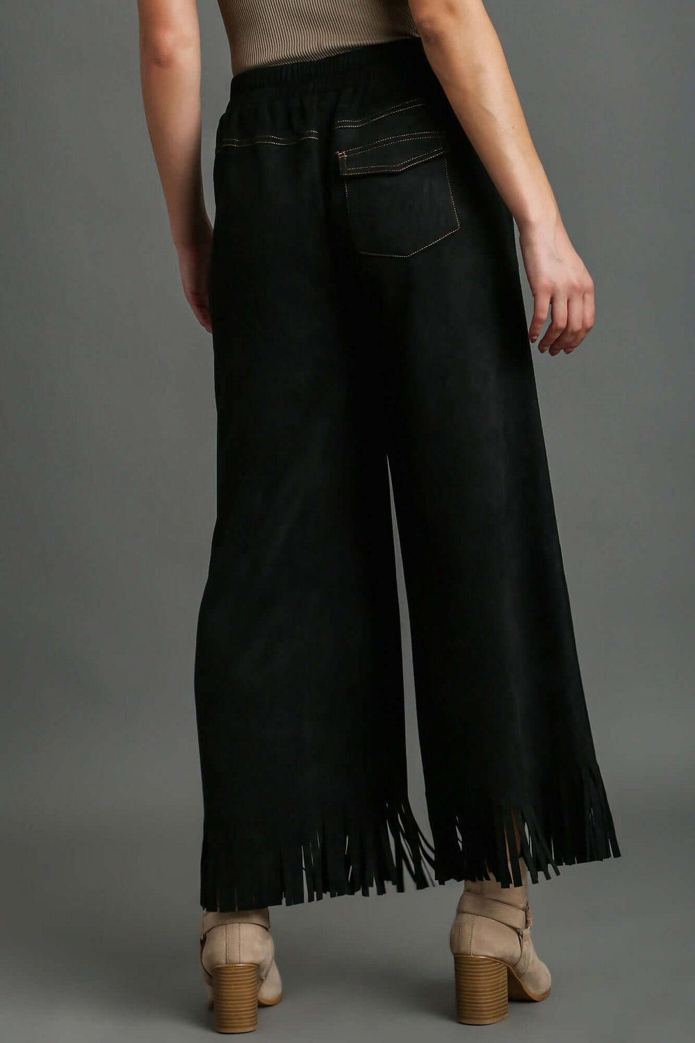Plus Size Black Suede Fringe Hem Wide Leg Pants, Pants, $ 61.00, A Moment Of Now™