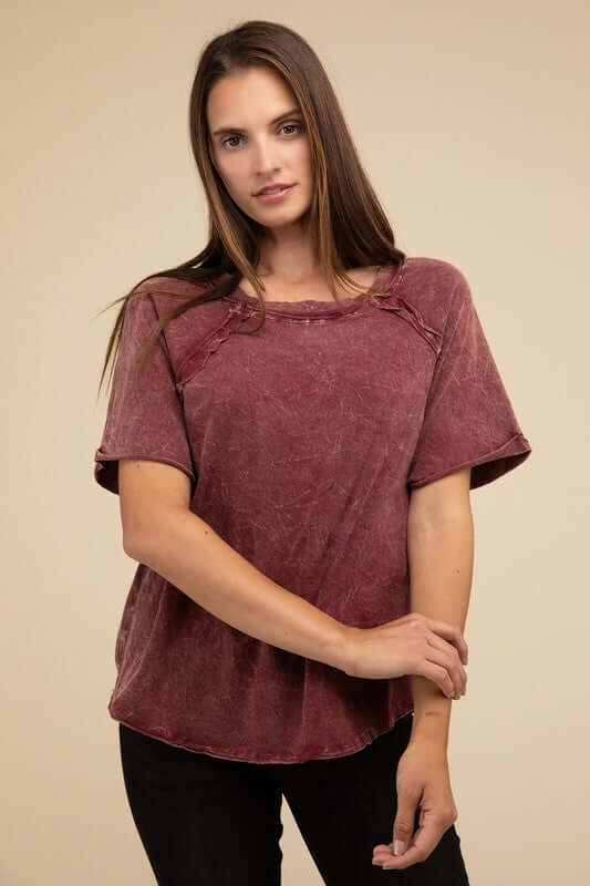 Back Patch Crinkle Washed Raglan Sleeve T-Shirt, ZENANA, A Moment Of Now