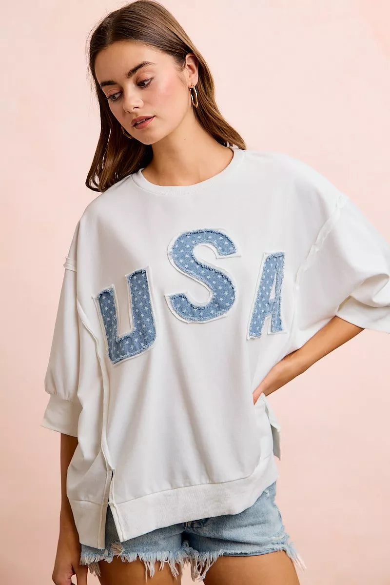 BiBi 4th Of July Usa Letter Patchwork French Terry Top, Tops, $ 60.00, A Moment Of Now™
