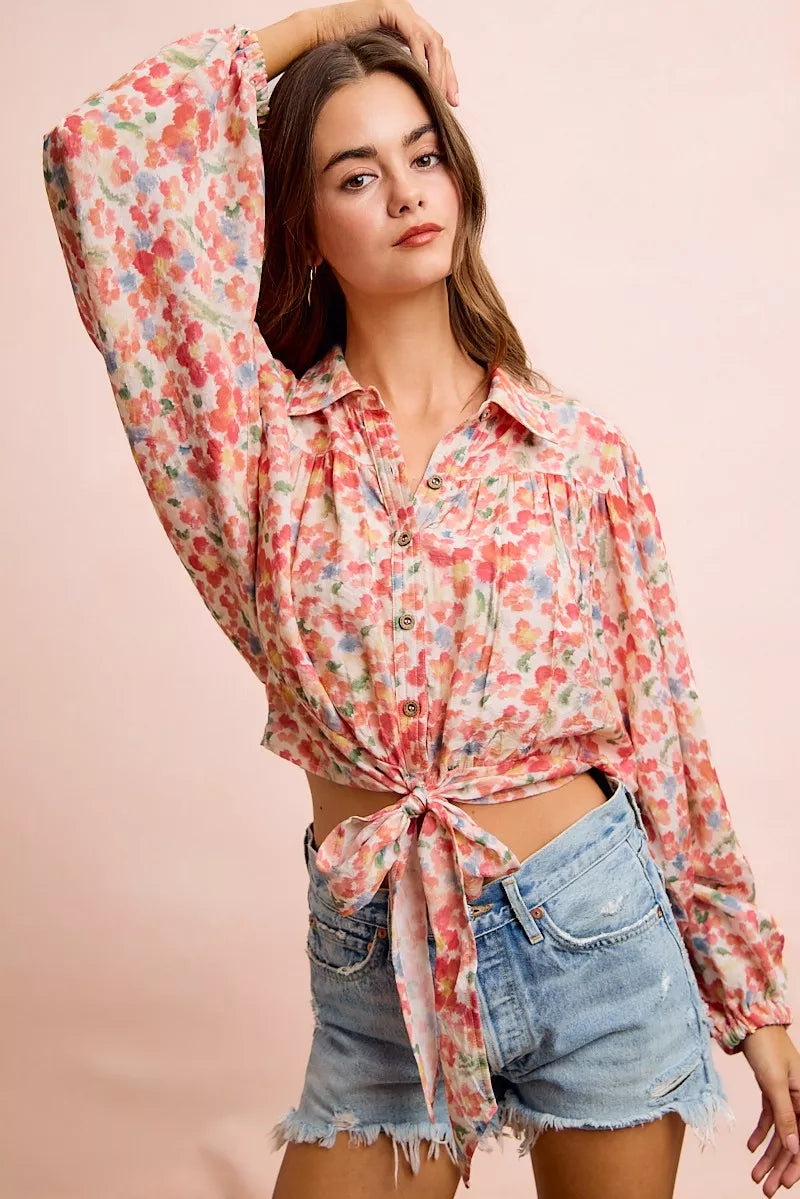 Floral Print Tie Hem Detail Crop Shirt | Boutique In USA, Shirts, $ 59.00, A Moment Of Now™