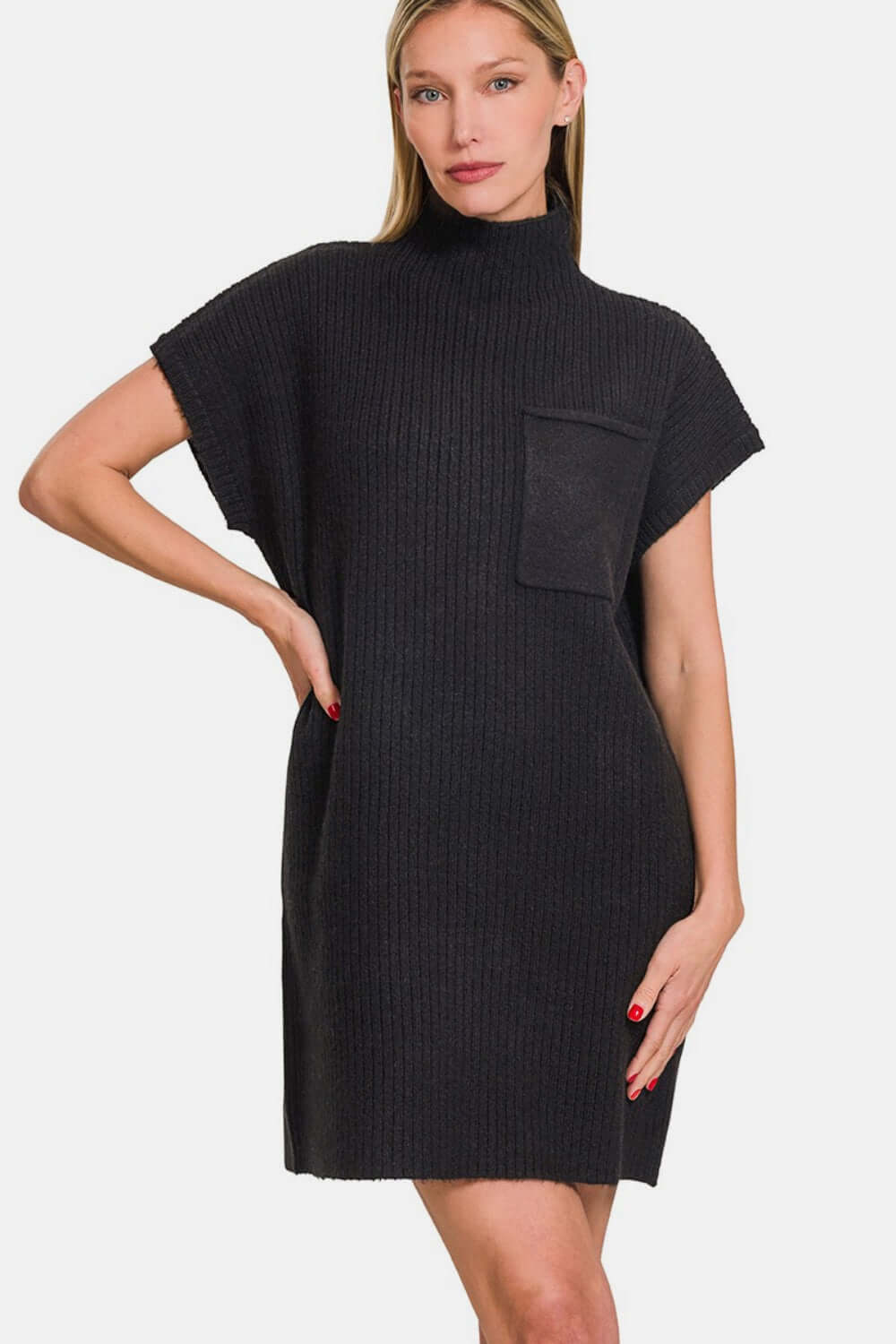 Black Short Sleeve Sweater Mini Dress, Zenana, $ 45.00