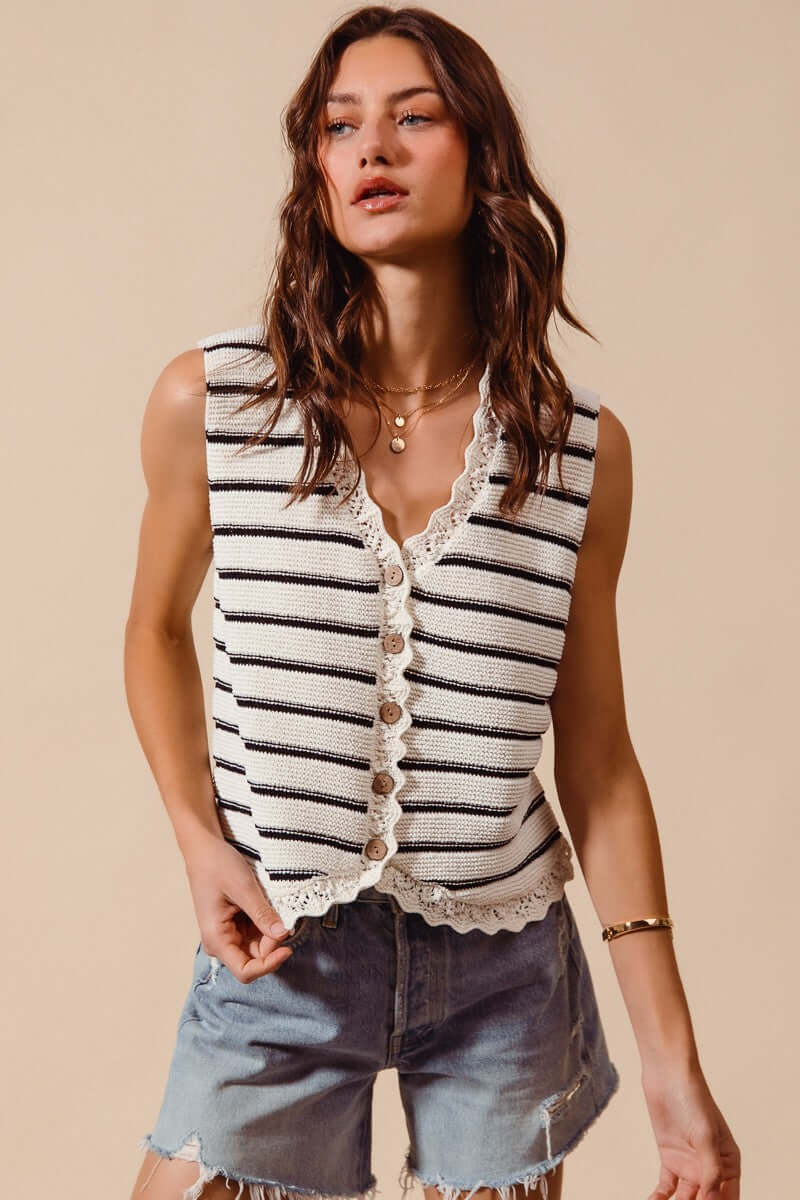 SO ME Buttoned Front Stripe Texture Knitted Sweater Vest, , $ 52.00, A Moment Of Now™