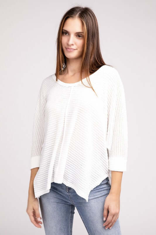 3/4 Sleeve V-Neck Hi-Low Hem Jacquard Sweater, ZENANA, $ 24.95