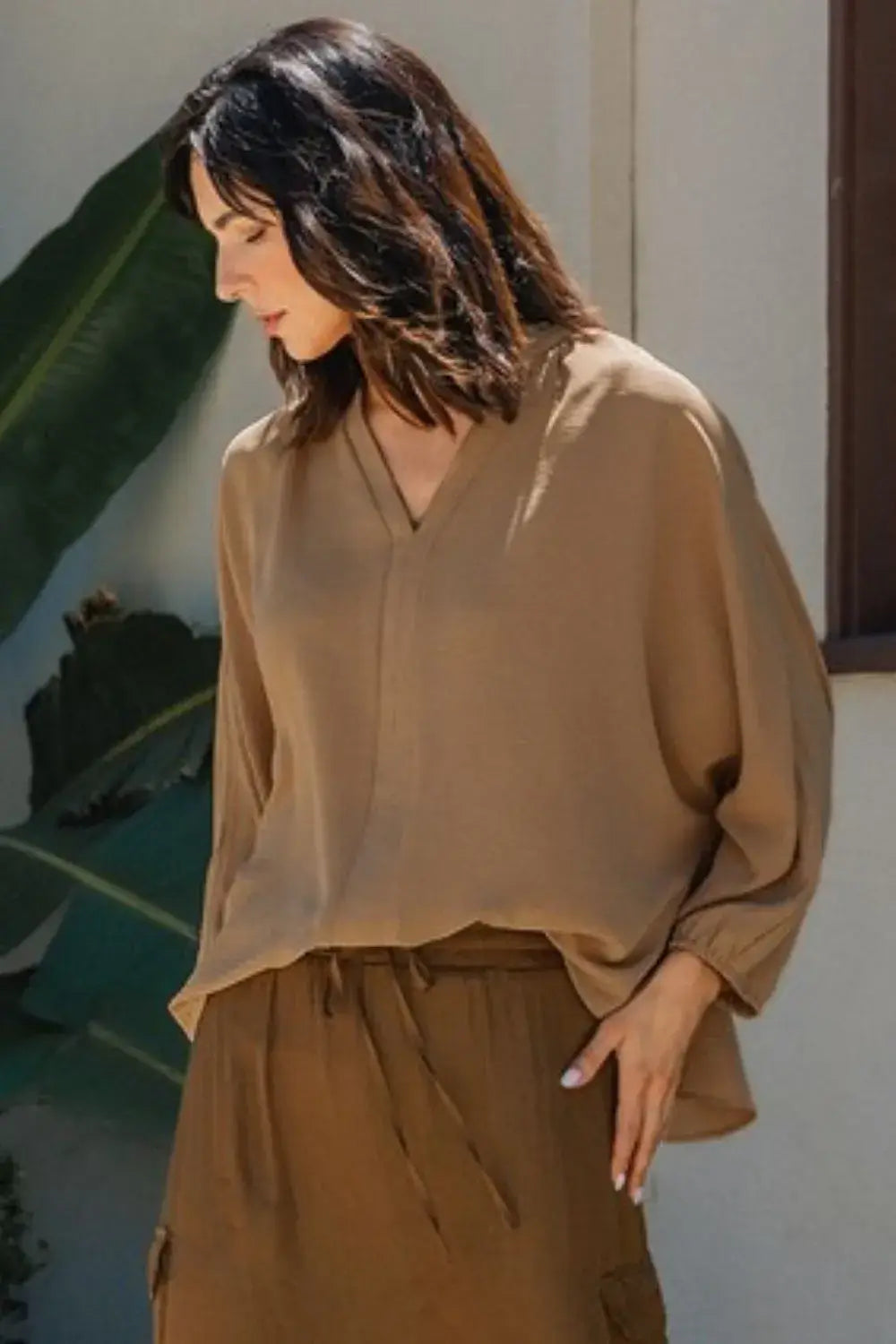 Camel Brown Notched Batwing Sleeve Blouse - Elegant Style, Blouses, $ 45.00, A Moment Of Now™