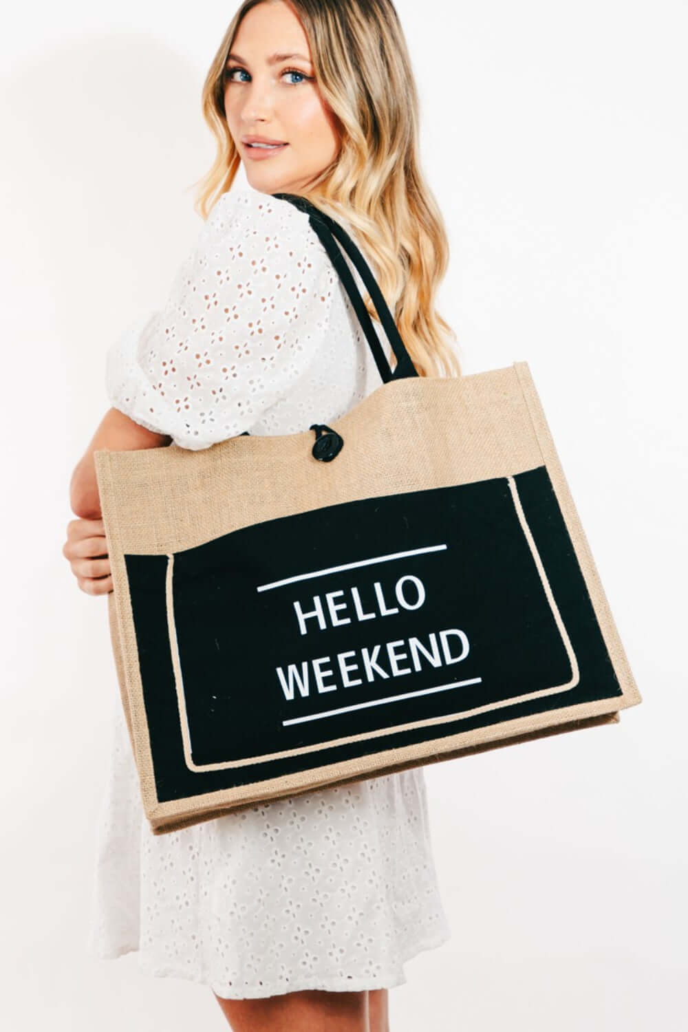 Fame Hello Weekend Burlap Weekender Bag