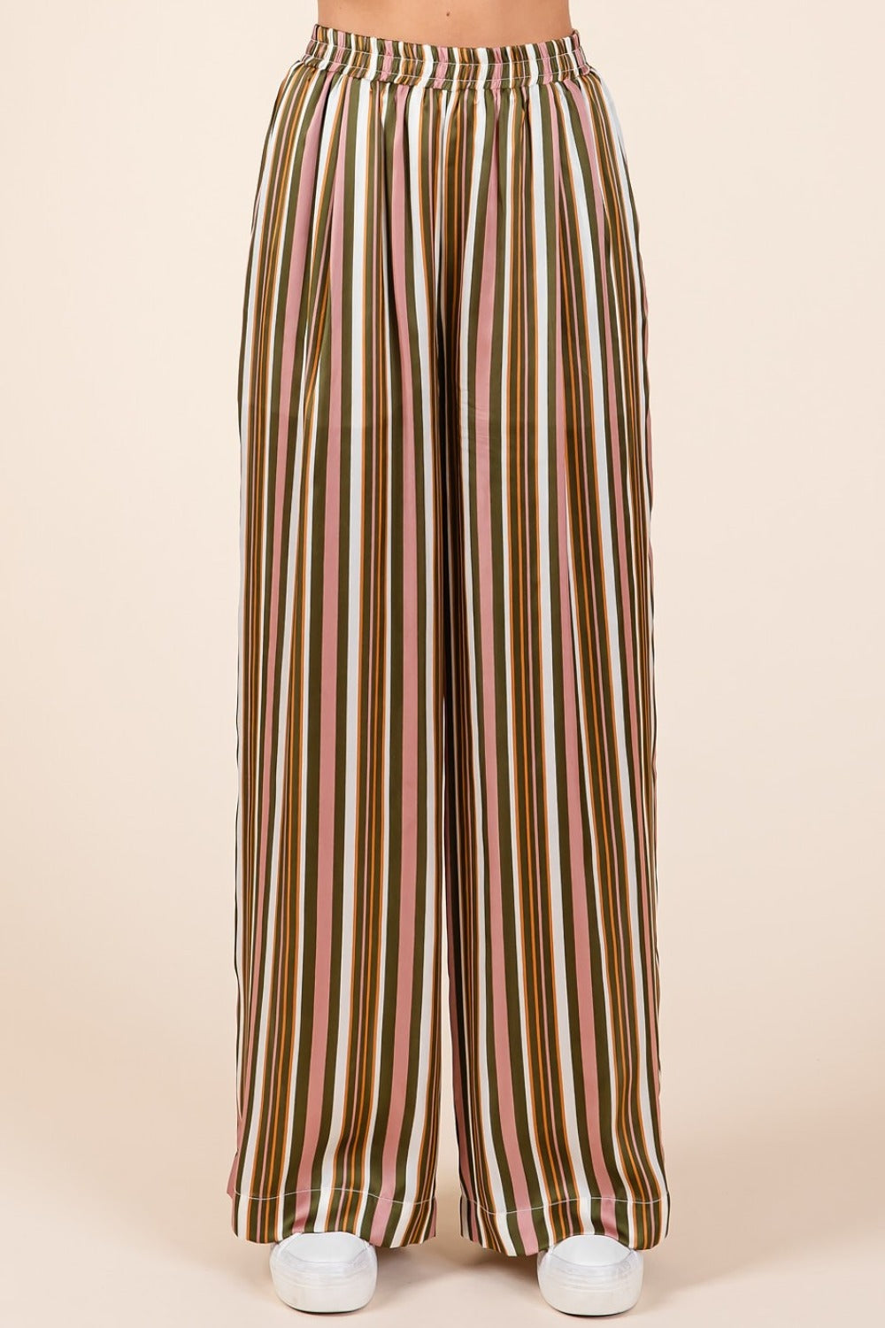 Mauve Brown Striped Satin Elastic Waist Wide Leg Pants