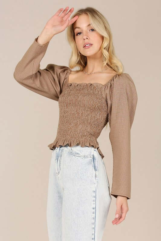 Women's Brown Long Sleeve Square Neck Smocking Top | USA Boutique, Lilou, $ 38.95