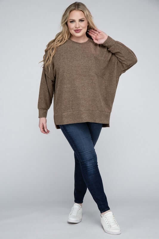 Plus Size Brushed Melange Drop Shoulder Sweater, ZENANA, $ 28.95