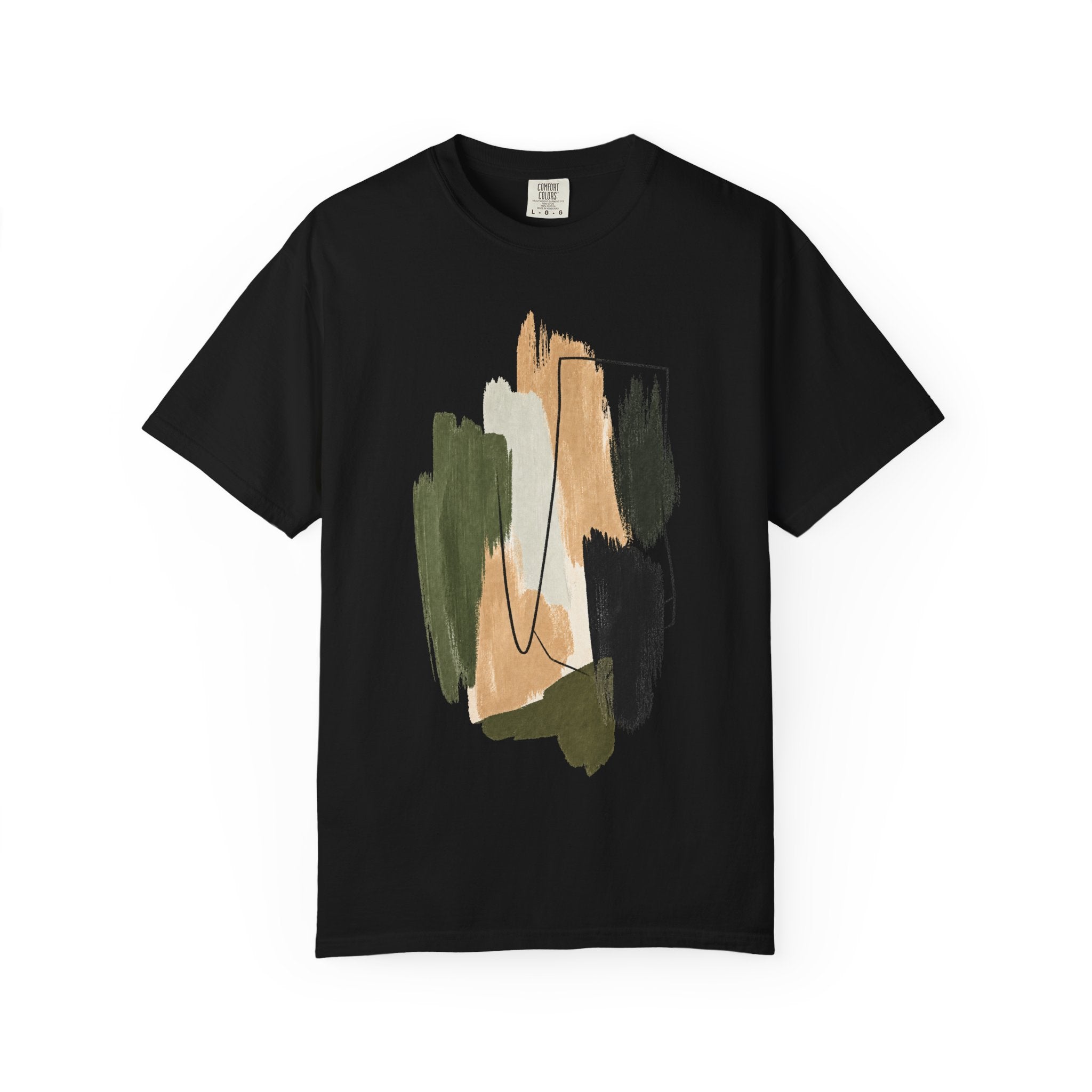 Abstract Brushstroke T-Shirt | Olive, Tan & Black Minimal Art Tee
