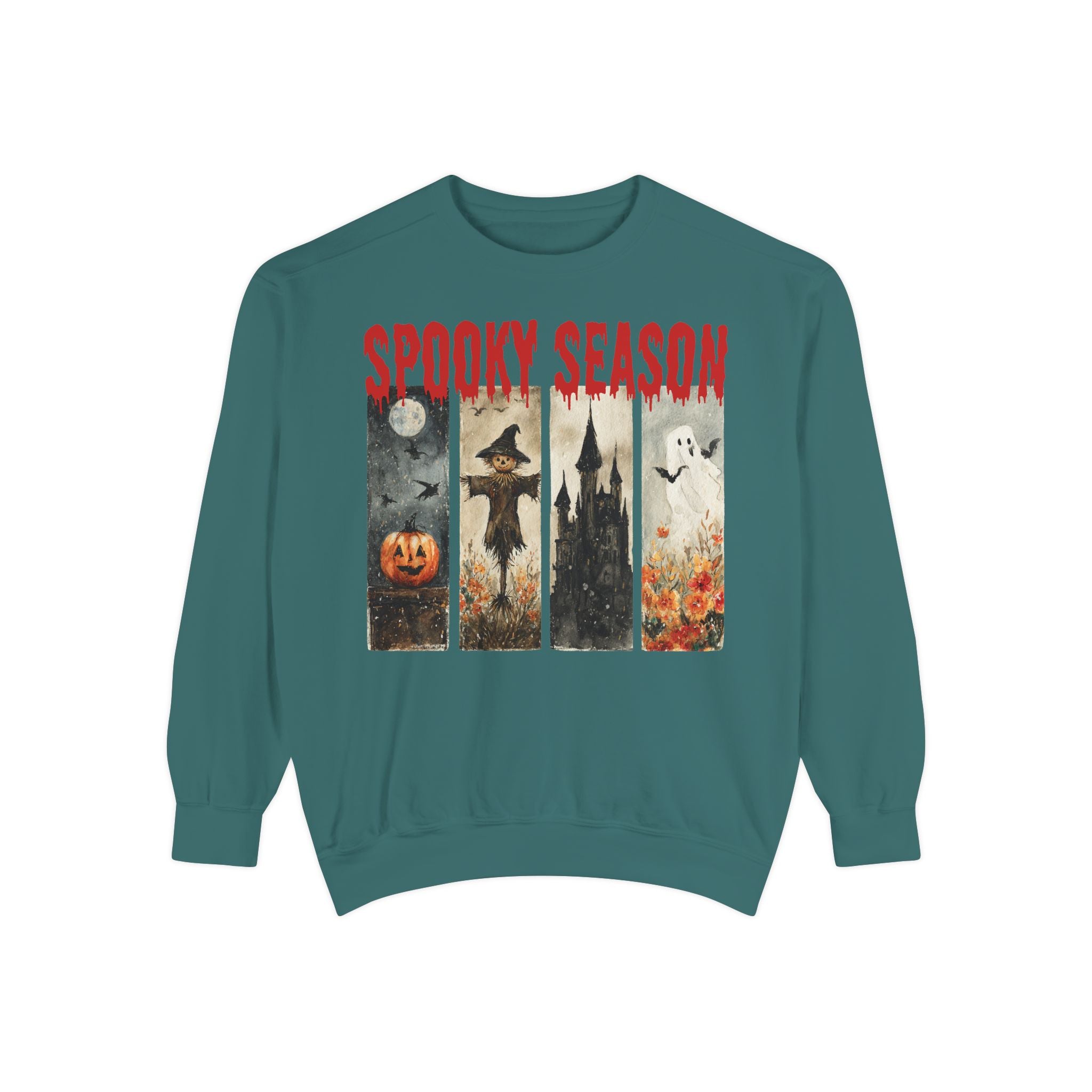 Spooky Season Halloween sweatshirt with vintage pumpkin, witch and ghost graphic — product mockup