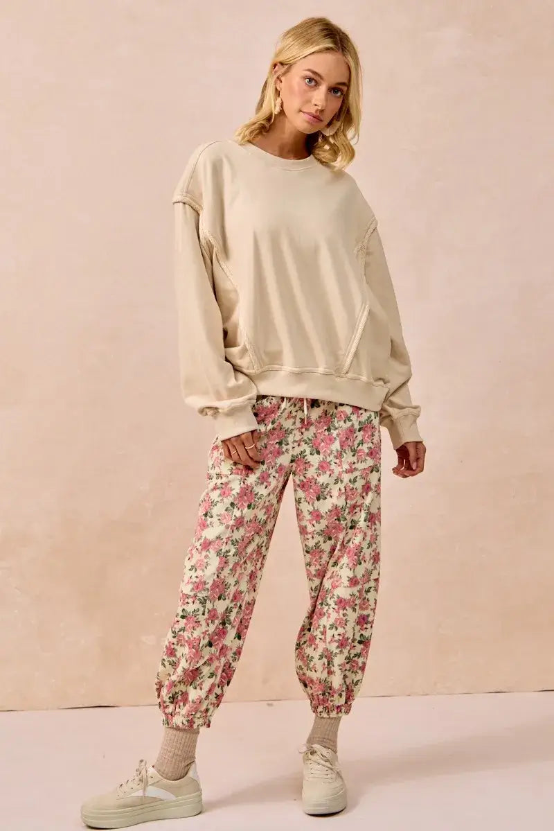 Cream Pink Floral Printed Twill Drawstring Pants | Online Boutique USA, Pants, $ 57.00, A Moment Of Now™