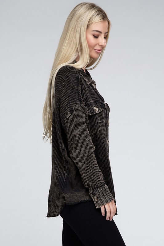 Acid Wash Oversized Cotton Waffle Shacket Jacket, ZENANA, $ 51.95