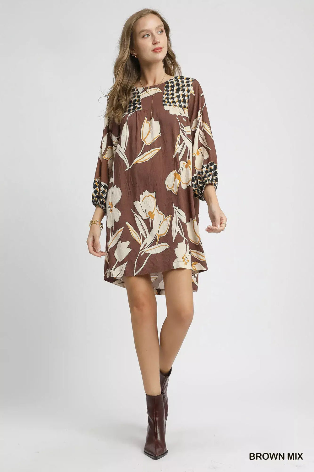 Brown Mix Floral High-Low Babydoll Dress | Elegance & Comfort, Dresses, $ 55.00, A Moment Of Now™