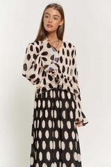 Shop Polka Dot Ruffled Long Sleeve Pleated Maxi Dress in Taupe Black, Dresses, USA Boutique