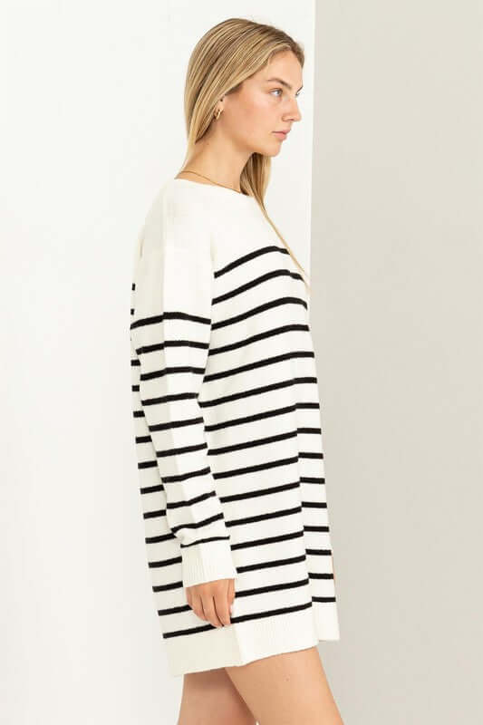 Shop Women's Black White Casually Chic Striped Sweater Dress, Sweater Dresses, USA Boutique