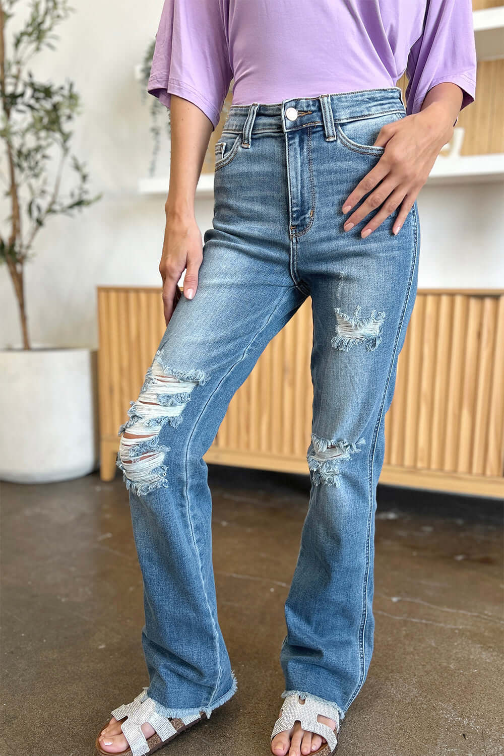 Judy Blue Medium Blue Distressed Raw Hem Bootcut Jeans, Judy Blue, $ 69.00