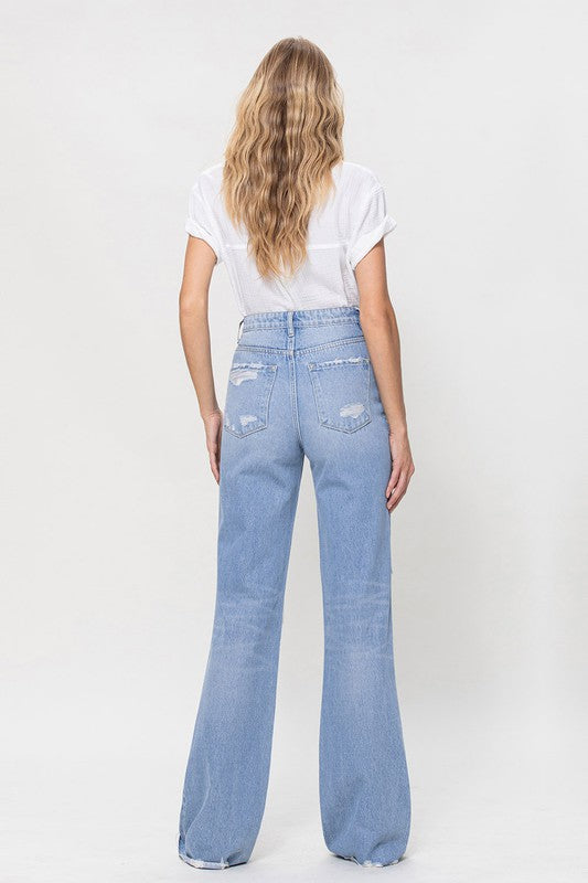 90s Vintage Light Denim Distressed Flare Jeans