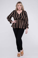 Plus Size Striped Long Flounce Sleeve Top With Ruffled Hem, Nuvi Apparel, $ 35.95