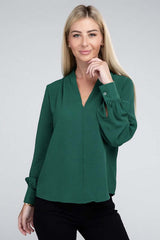 Woven Airflow V-Neck Long Sleeve Top, ZENANA, $ 26.95